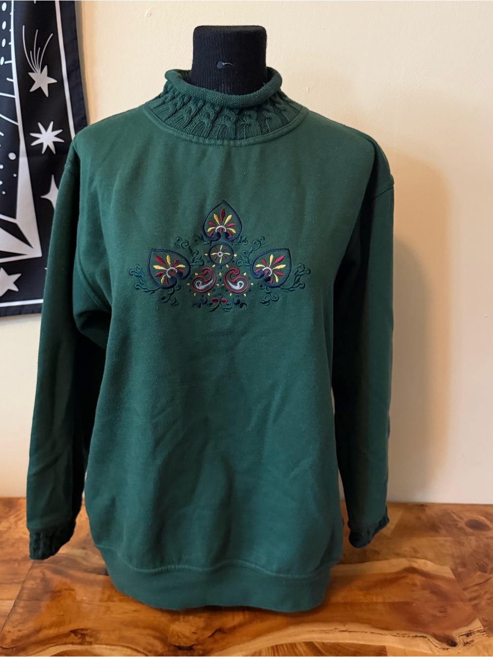 Vintage Hunt Club S Women's Green Mock Neck Embroidered Sweat Top Grandma Core